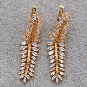 18K Yellow Gold Filled Long Leaf Diamond Zircon Dangle Earrings Gorgeous Gift
